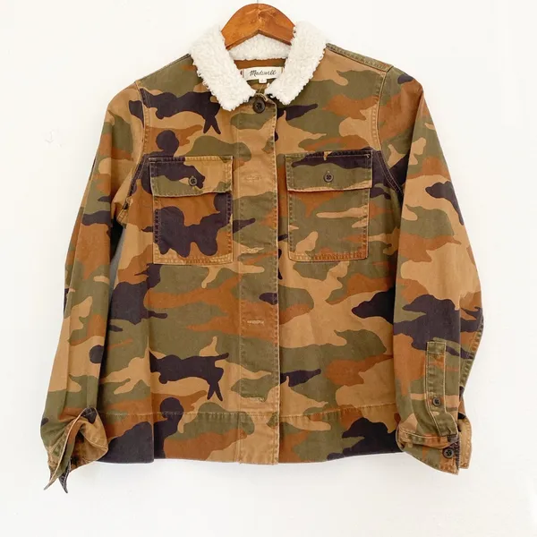 NWT Madewell Northward Camo Army Shirt Jacket Shearling Collar Cotton - Image 11