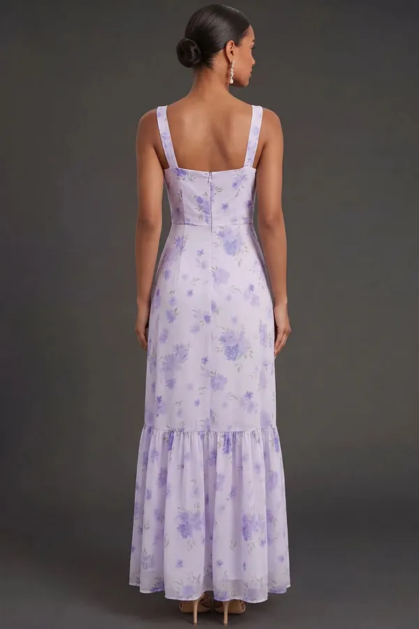 Formal Lilac Thick Straps Floral Sheath Maxi Dress w/ Slit - Image 2