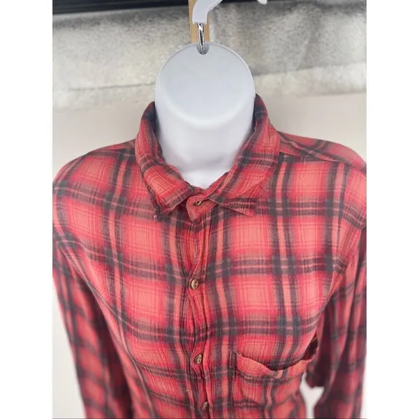 Free People FP One Grunge Mini Dress Long Sleeve Plaid Button Front Size L - Image 10