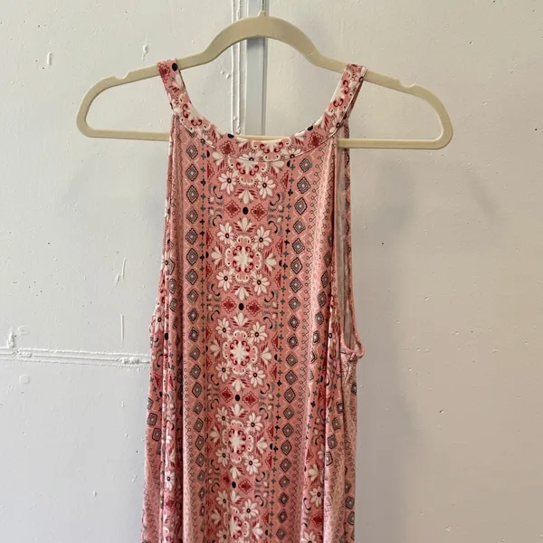 LOFT Outlet Pink Floral Medallion Halter Swing Dress XL Ruffle Hem Keyhole Back - Image 3