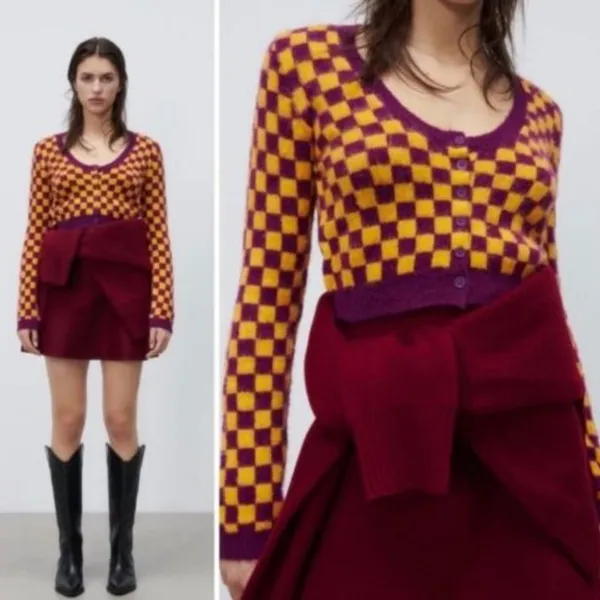 NWT Zara Wool Blend Plaid Knit Cardigan Jacket Size Small - Image 2