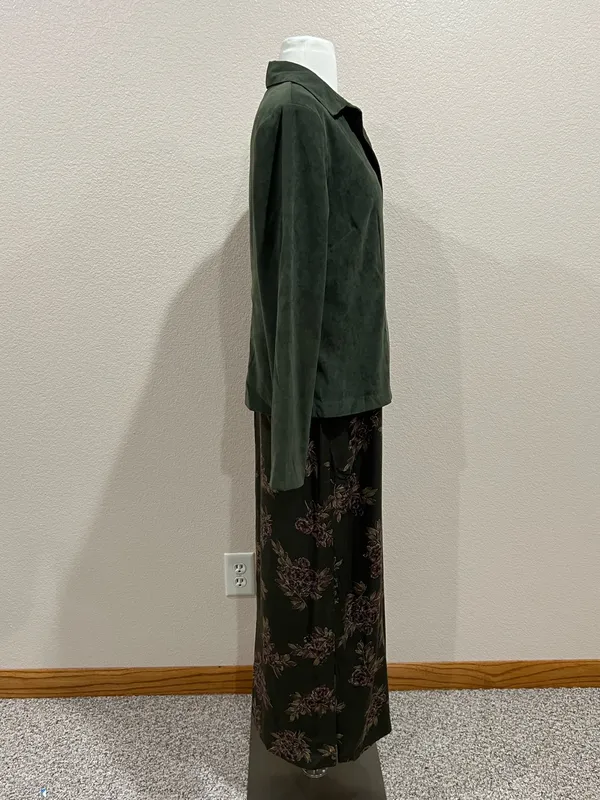 Erika Vintage 90s Two Piece Set Olive Green Floral Maxi Dress & Shacket Sz Small - Image 9