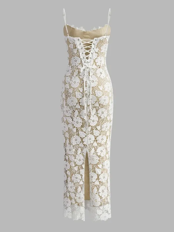 NWT Commense Semi Sheer Double Layer Floral Lace Corset Cami Midi Maxi Dress M - Image 3