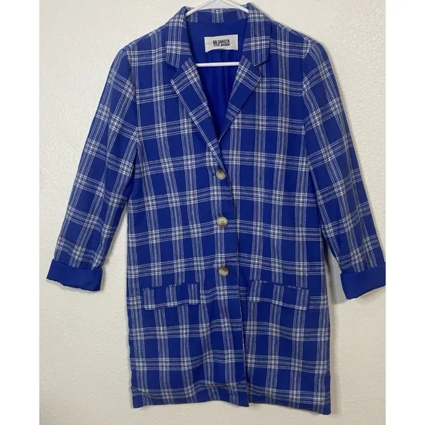 BB Dakota Steve Madden Women's Blue White Plaid Long Blazer Jacket Collared S - Image 16