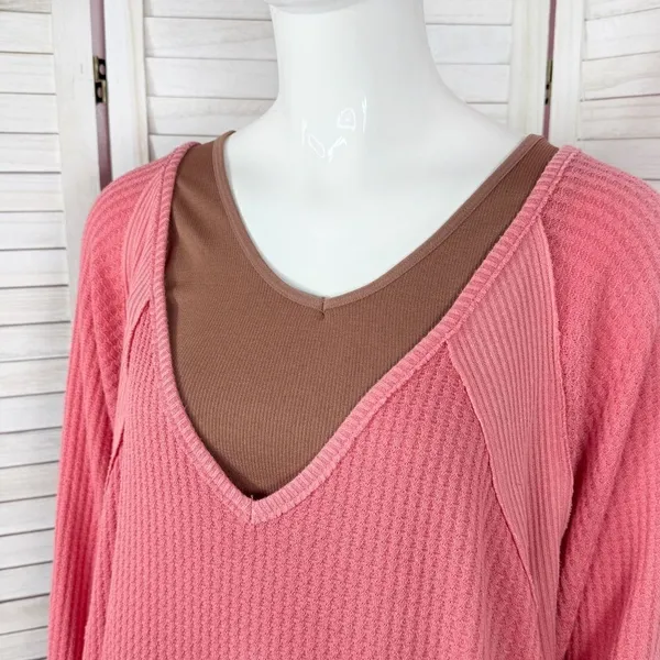 Free People Santa Clara Thermal‎ Oversized Shirt Coral Pink Orange Medium - Image 7