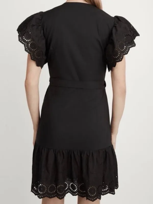 Maette Black Eyelet Cotton Poplin Wrap Mini Dress NWT - Image 2