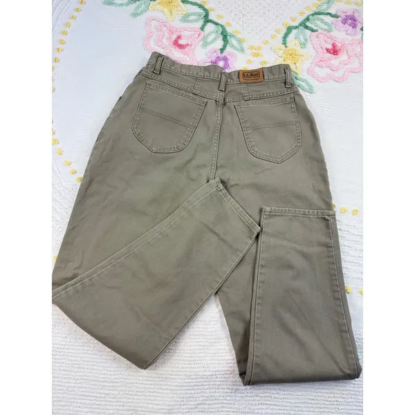 LL Bean Vintage Womens Size 14 High Waist Pleated Tapered Leg Jeans Khaki‎ - Image 2