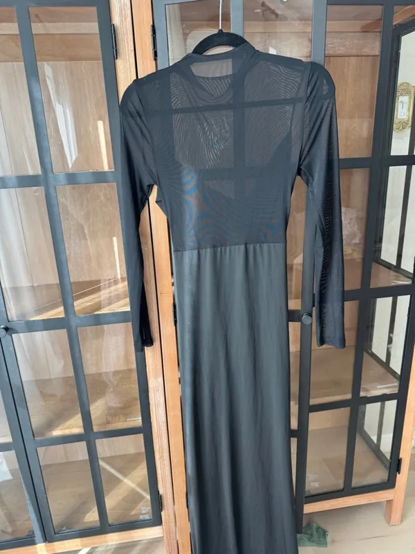 Meshki long sleeve mesh maxi dress brooch ruched embellished slip flower gold mock - Image 2