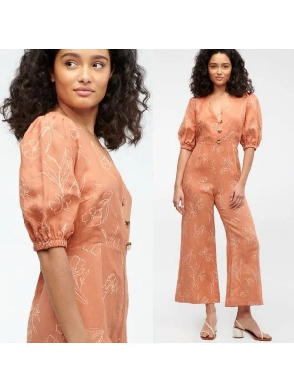 Capulet Isalina Linen Cropped Jumpsuit S Oleander Floral Puff Sleeve Wide Leg - Image 2