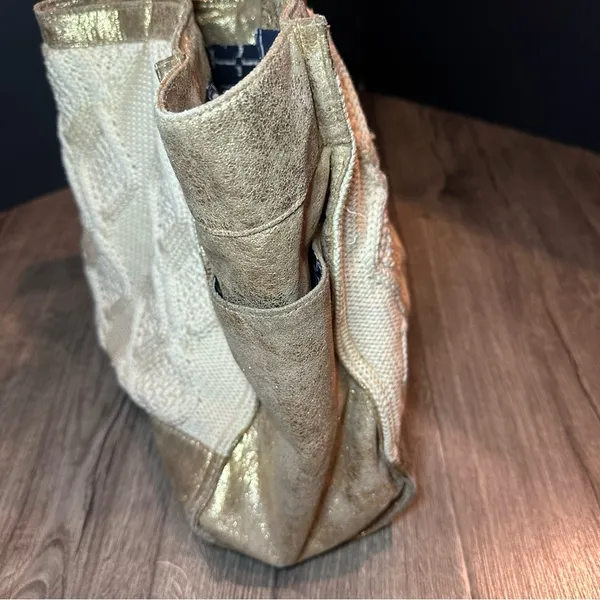 TORY BURCH Tote Bag Cable Knit METALLIC GOLD TRIM Wool Silk Lining Horse READ! - Image 12