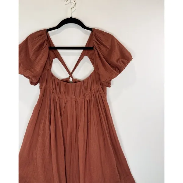 Free People Women Dress Brown Marina Mini Puffed Tie Back A Line Boho Chic Small - Image 4