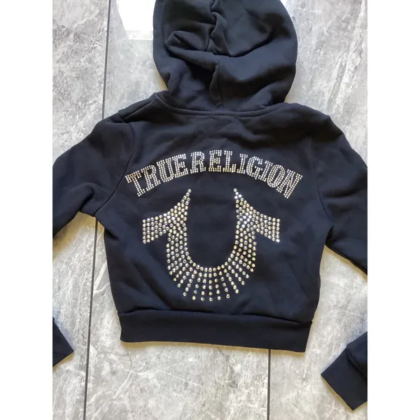 True Religion Womens Black Rhinestone Horseshoe Cropped Zip Up Hoodie XS - Image 2