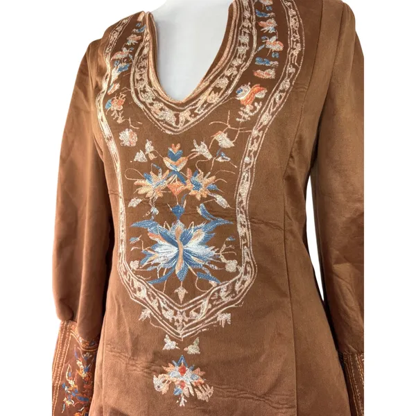 Brown Floral Print V-Neck Long Sleeve Bodycon Mini Dress - Image 3