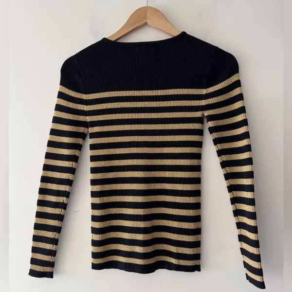 Lauren Ralph Lauren Women’s Black & Metalic Gold‎ Ribbed Sweater Button Detail - Image 4
