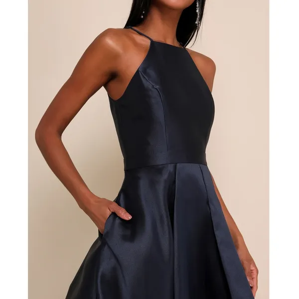 NEW Lulus Broadway Show Navy Blue High-Low Taffeta Pleated Gown Dress Medium - Image 3