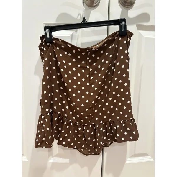 Women’s Brown and White Polka Dot Skirt Size L Trendy Summer Ruched Mini Skirt - Image 3