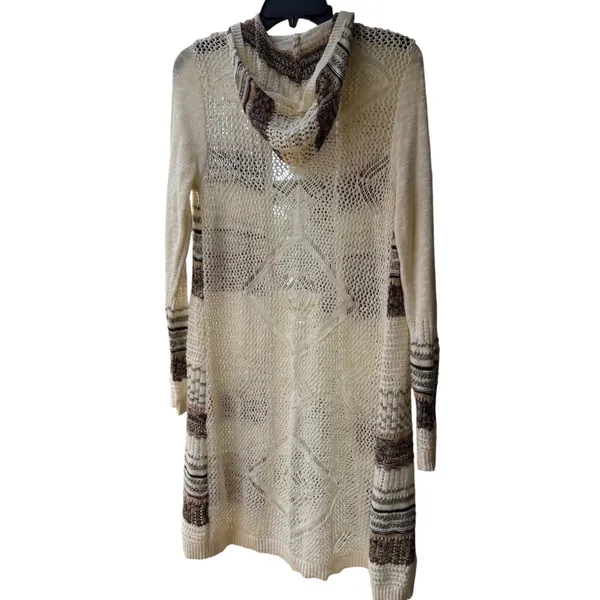Cato Womens Open Knit Hooded Duster Cardigan Sweater Olive Brown Striped S NEW - Image 6