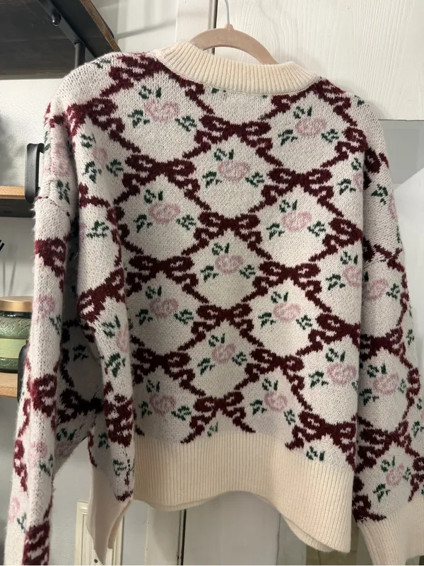 Sincerly Jules Cream Crewneck Sweater with Burgundy Chain & Pink Floral - Image 4