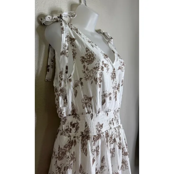 J. GEE Womens XL Maxi Dress Tan White Floral Tiered‎ Tie Shoulder Smocked NEW - Image 2