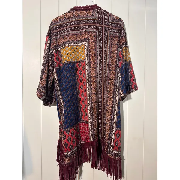 Altar'd State Fringe Kimono Cardigan Women's M/L Boho Patchwork Open Front - Image 7