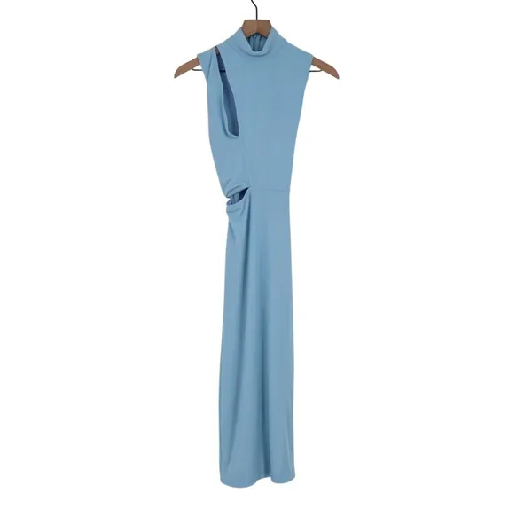 Lulus Kamara Midi Dress Womens XS Light Blue Lined Mesh Cutout Knotted Mock Neck - Image 2