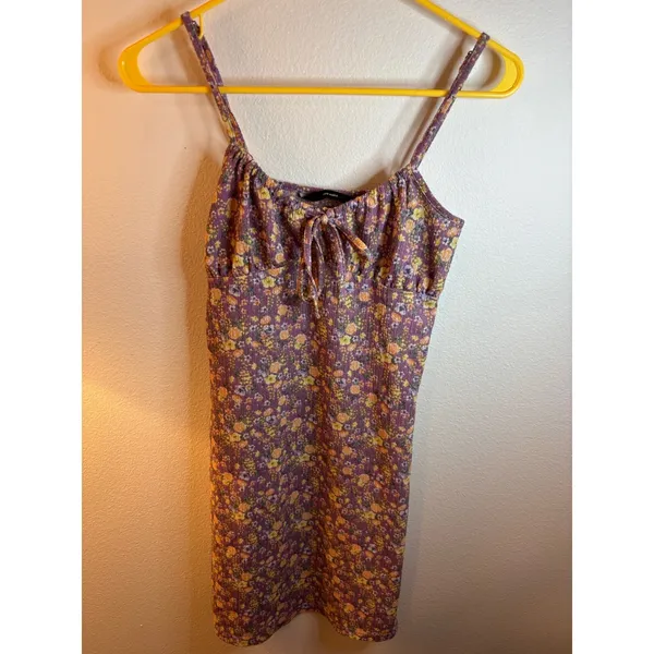 Vero Moda Purple Floral Crinkle‎ Mini Dress XS Milkmaid Tie Front Adj. Strap - Image 7