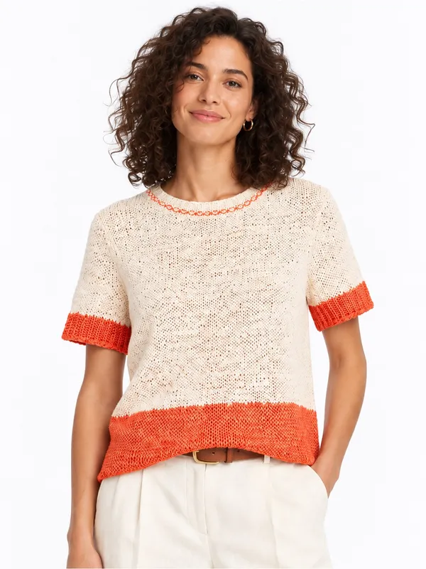 Zara Cream Coral Orange Open Knit Short Sleeve Top Size S - Image 3