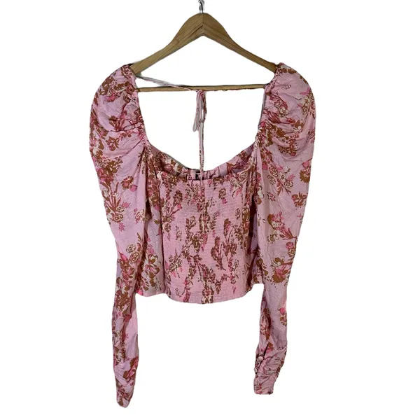 Free People Hilary Printed Top Womens M Pink Floral Ruched Puff Sleeve Smocked - Image 5