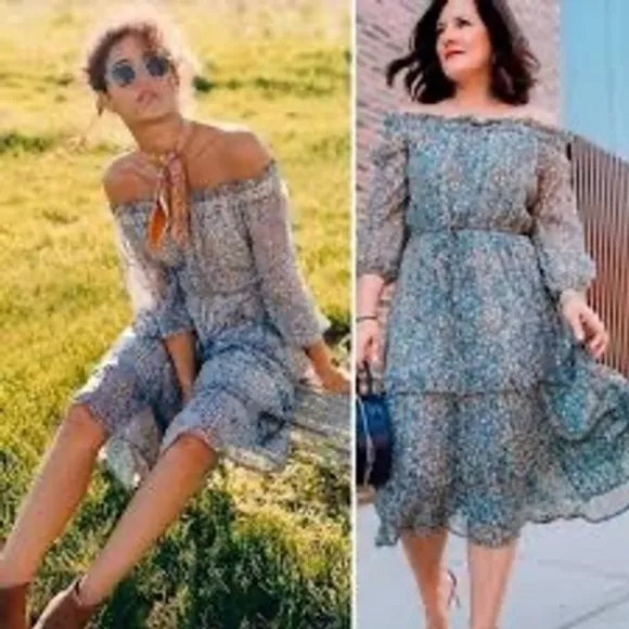 Anthropologie Blue Floral Kira Smocked Off The Shoulder Boho Peasant Dress - Image 5