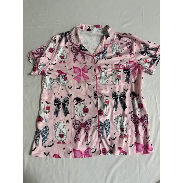 Pink Halloween Ghost Bow Pajama Set Short Sleeve Button Down Shorts Womens Large - Image 2