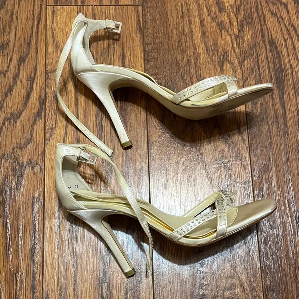 Off White Satin Strappy Jeweled Heels Size 7 - Image 2