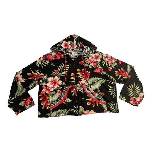 VTG Vanity Tropical Floral Beaded Shell Lightweight Zip Hoodie Jacket Size L - Image 7