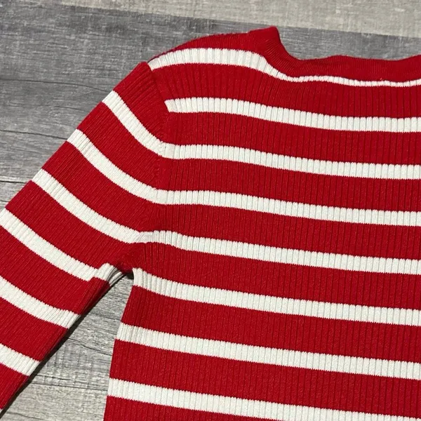 Red White Stripe Sweater Womens XS Ribbed Fitted Pearl Button Sleeve - Image 6