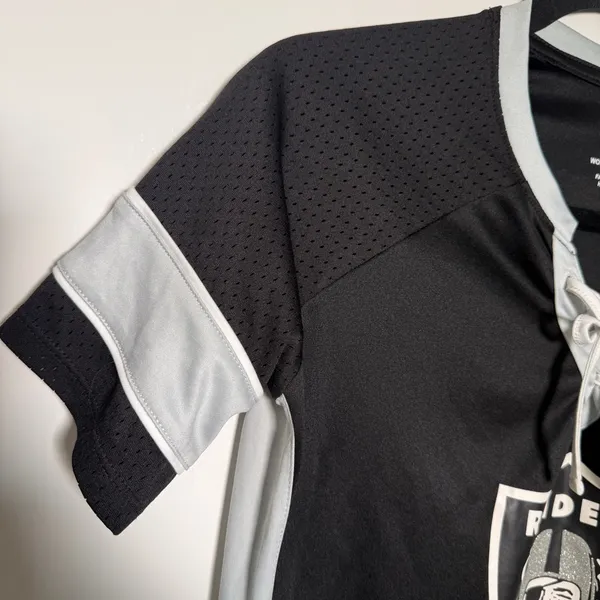 NFL Raiders Black and Gray Lace-Up V-neck Jersey Top Womens Small - Image 5