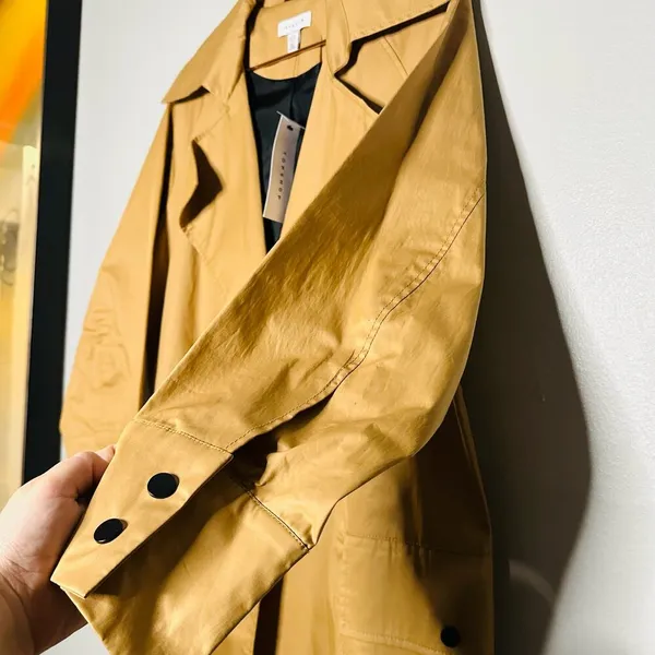 NWT Top Shop Tan Black Button Front Pockets Long Trench Coat Lightweight Size 2 - Image 8