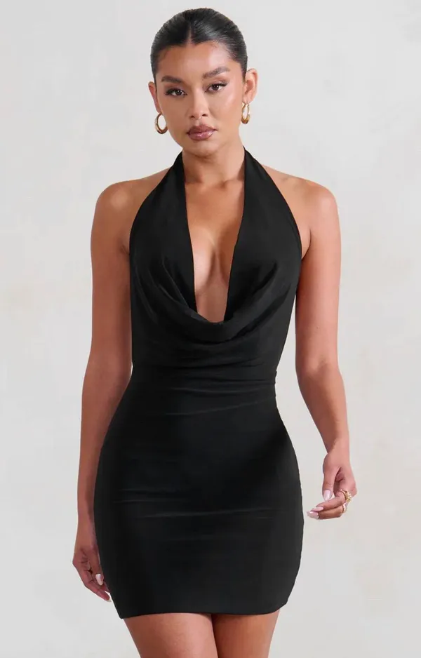 Revolve NWT Halfheart black halter low cowl drape mini bodycon dress. Size Medium - Image 5