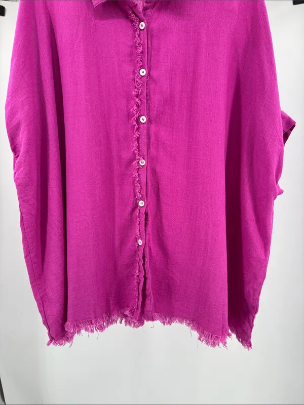 Umgee Fuchsia Button-Down Shirt with Frayed Placket XL oversized linen blend - Image 5