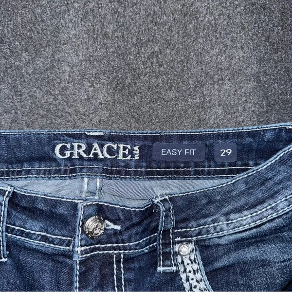Grace In LA Women’s Feather Aztec Embellished Bootcut Blue Jeans Size 29 x 34 - Image 8