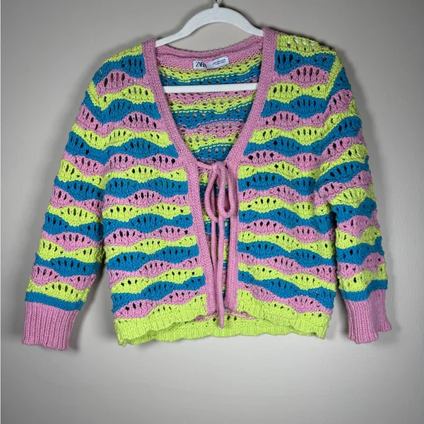 Zara Chunky Crochet Striped Front Tie Cardigan Retro Boxy Vibrant Y2K Sz M - Image 10