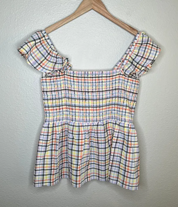 multicolor plaid smocked off shoulder baby doll top size large - Image 2