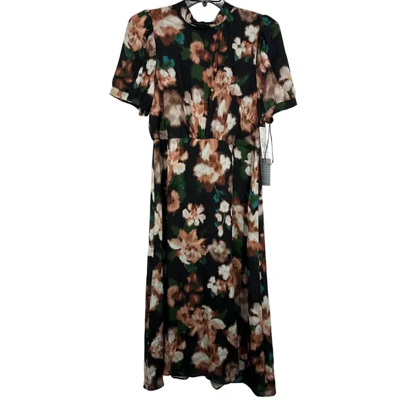 Julia Jordan Size 12 Dark Floral Midi Dress Short Sleeve Fall Wedding Guest Chic - Image 3