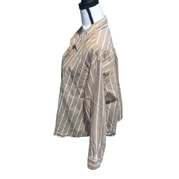 Maurices Striped Button-Up Shirt in Camel & White Long Sleeve - Image 4