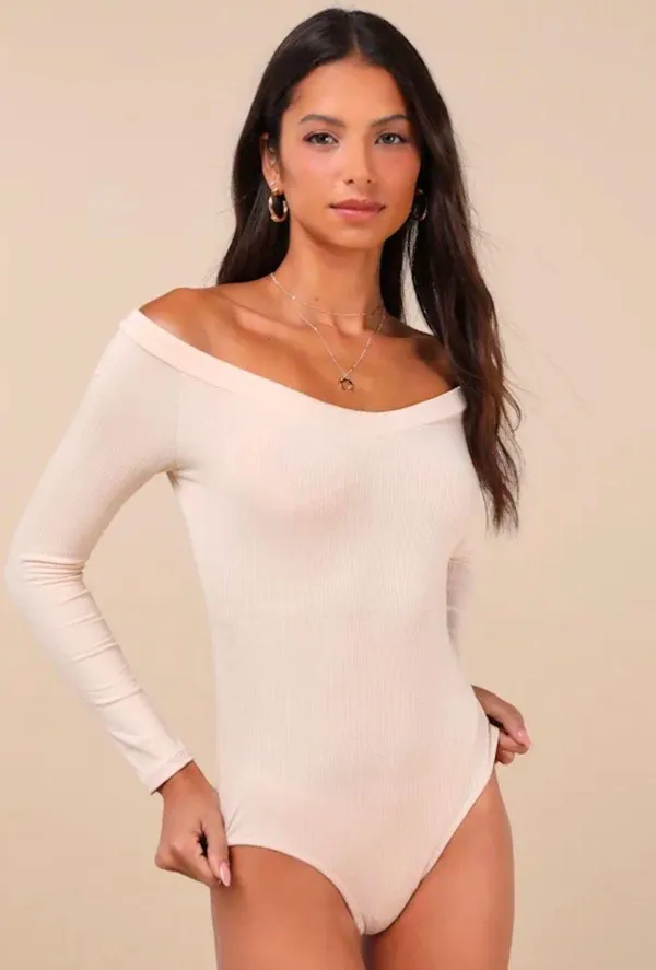 Simply Polished Cream Ribbed Off-the-Shoulder Bodysuit - Image 4
