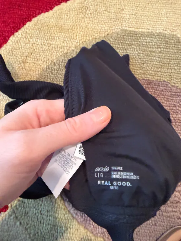 Aerie Triangle Swim Bikini Top Black Ribbed Tie Back Removable Padding Large - Image 2
