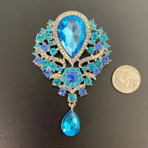 Large Royal Blue & Aqua Rhinestone Statement Brooch Pin Dangle Teardrop - Image 11
