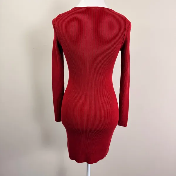 Abercrombie & Fitch Red Ribbed Knit Button Front V-Neck Stretchy Mini Dress Sml - Image 4