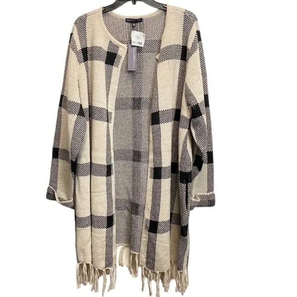 Adrienne Vittadini 3X Open Fringe Cardigan Long Sleeve Oatmeal Duster Sweater‎ - Image 2