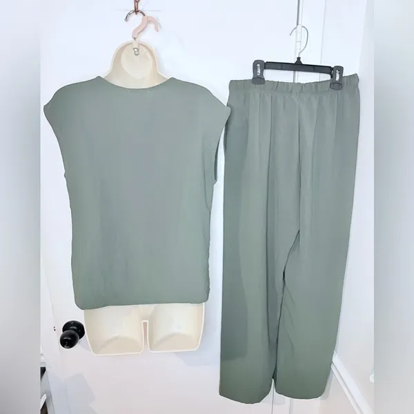 Ekouaer 2pc Lounge Set Womens M Olive Green Top & Wide Leg Pants NWT - Image 7