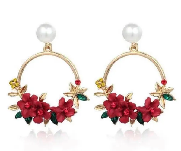 Women's Pearl Crystal Flower Dangle Drop Hoop Earrings - Image 3
