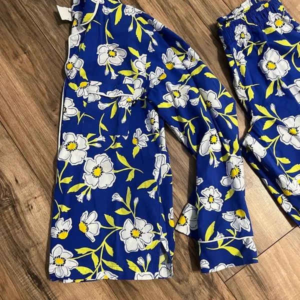 Kate Spade Sunshine Floral Pajama Set XS Blue White Button Up Long Sleeve PJ Set - Image 5